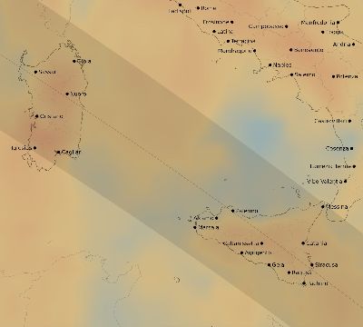 Map of the average cloud coverage across Italy for the solar eclipse of 11/05/2059