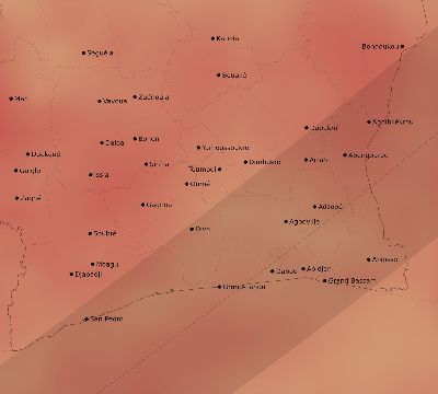 Map of the average cloud coverage across Côte d'Ivoire (Ivory Coast) for the solar eclipse of 04/30/2060