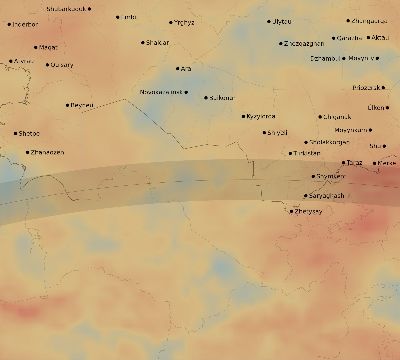 Map of the average cloud coverage across Kazakhstan for the solar eclipse of 04/30/2060