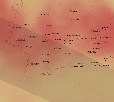 Map of the average cloud coverage across Côte d'Ivoire (Ivory Coast) for the solar eclipse of 10/24/2060