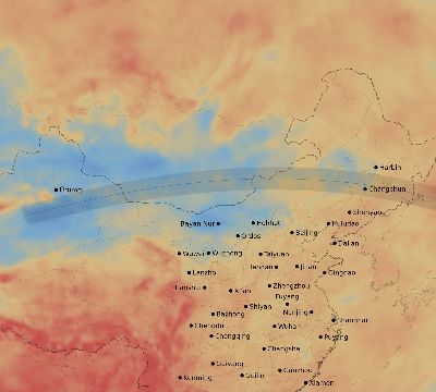 Map of the average cloud coverage across China for the solar eclipse of 08/24/2063