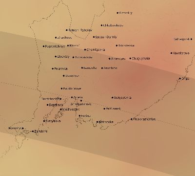 Map of the average cloud coverage across Russia for the solar eclipse of 08/24/2063