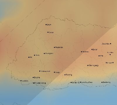 Map of the average cloud coverage across Bhutan for the solar eclipse of 02/17/2064