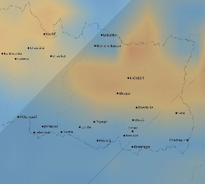 Map of the average cloud coverage across Nepal for the solar eclipse of 02/17/2064