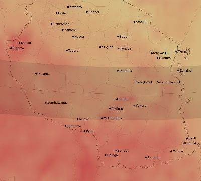 Map of the average cloud coverage across Tanzania for the solar eclipse of 02/17/2064
