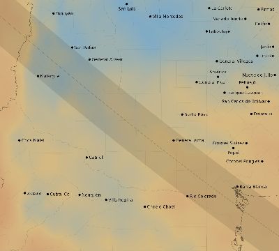 Map of the average cloud coverage across Argentina for the solar eclipse of 08/12/2064