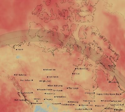Map of the average cloud coverage across Canada for the solar eclipse of 06/22/2066