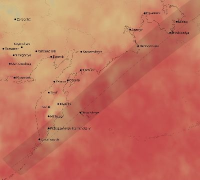 Map of the average cloud coverage across Russia for the solar eclipse of 06/22/2066