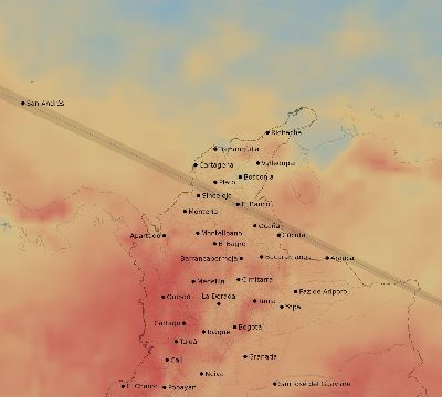 Map of the average cloud coverage across Colombia for the solar eclipse of 12/06/2067