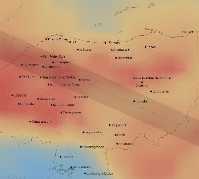 Map of the average cloud coverage across Honduras for the solar eclipse of 12/06/2067