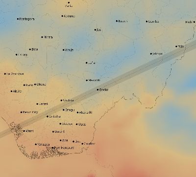 Map of the average cloud coverage across Nigeria for the solar eclipse of 12/06/2067