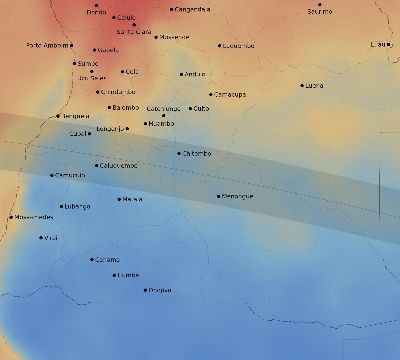 Map of the average cloud coverage across Angola for the solar eclipse of 10/04/2070
