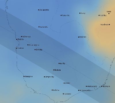 Map of the average cloud coverage across Madagascar for the solar eclipse of 10/04/2070