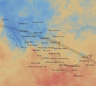 Map of the average cloud coverage across Mexico for the solar eclipse of 09/23/2071