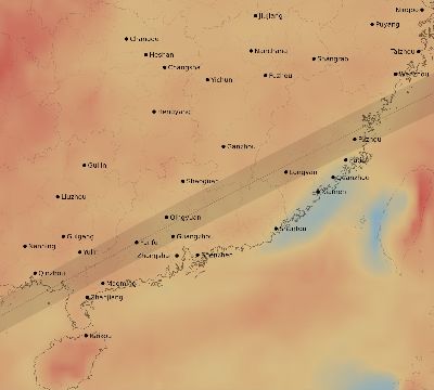 Map of the average cloud coverage across China for the solar eclipse of 01/27/2074