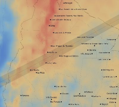 Map of the average cloud coverage across Argentina for the solar eclipse of 01/16/2075