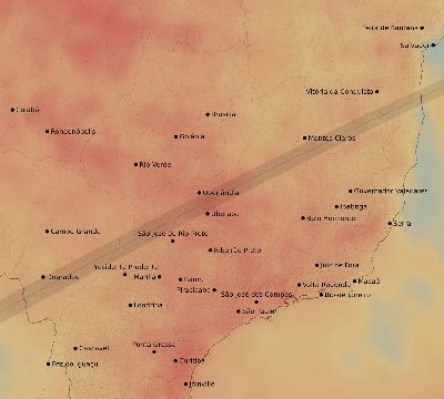 Map of the average cloud coverage across Brazil for the solar eclipse of 01/16/2075