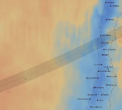 Map of the average cloud coverage across Chile for the solar eclipse of 01/16/2075