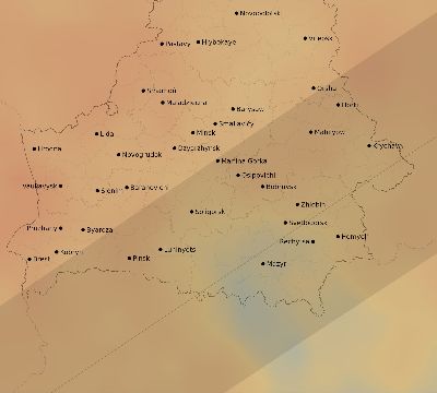 Map of the average cloud coverage across Belarus for the solar eclipse of 07/13/2075