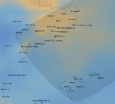 Map of the average cloud coverage across Spain for the solar eclipse of 07/13/2075