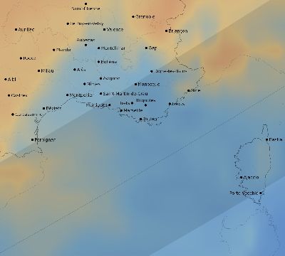 Map of the average cloud coverage across France for the solar eclipse of 07/13/2075