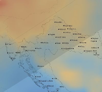 Map of the average cloud coverage across Croatia for the solar eclipse of 07/13/2075