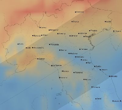 Map of the average cloud coverage across Italy for the solar eclipse of 07/13/2075