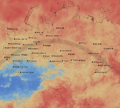 Map of the average cloud coverage across Russia for the solar eclipse of 07/13/2075