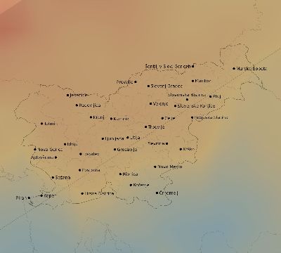 Map of the average cloud coverage across Slovenia for the solar eclipse of 07/13/2075