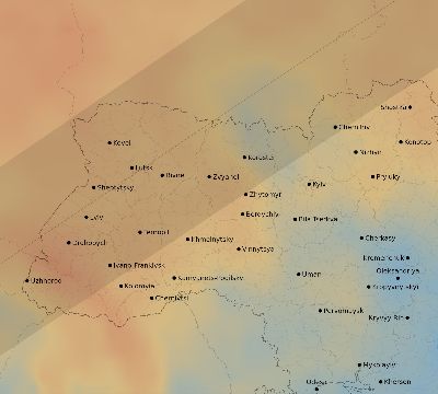 Map of the average cloud coverage across Ukraine for the solar eclipse of 07/13/2075