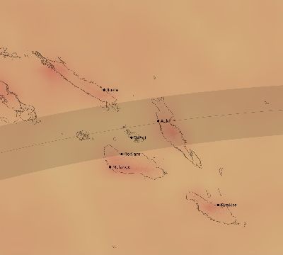 Map of the average cloud coverage across Solomon Islands for the solar eclipse of 05/22/2077