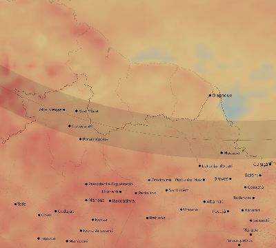 Map of the average cloud coverage across Brazil for the solar eclipse of 11/15/2077
