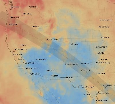Map of the average cloud coverage across United States for the solar eclipse of 11/15/2077