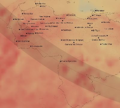 Map of the average cloud coverage across Venezuela for the solar eclipse of 11/15/2077