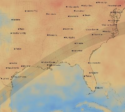 Map of the average cloud coverage across United States for the solar eclipse of 05/11/2078
