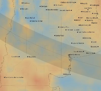 Map of the average cloud coverage across Argentina for the solar eclipse of 11/04/2078