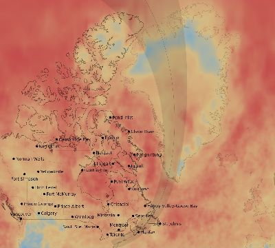 Map of the average cloud coverage across Canada for the solar eclipse of 05/01/2079