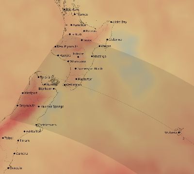 Map of the average cloud coverage across New Zealand for the solar eclipse of 10/24/2079