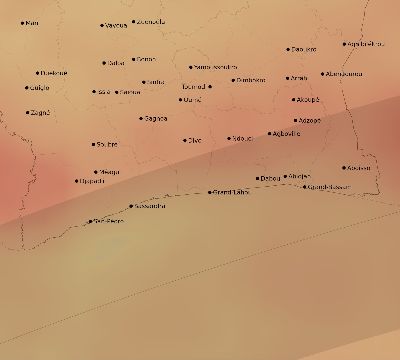 Map of the average cloud coverage across Côte d'Ivoire (Ivory Coast) for the solar eclipse of 03/10/2081