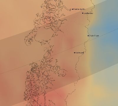 Map of the average cloud coverage across Chile for the solar eclipse of 03/10/2081