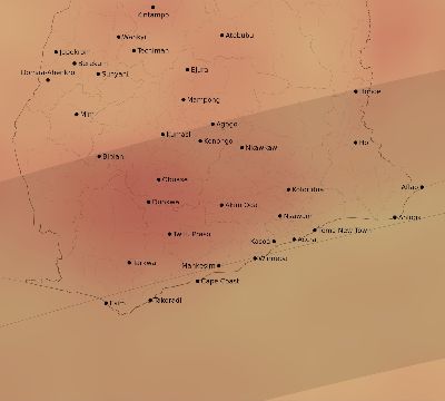 Map of the average cloud coverage across Ghana for the solar eclipse of 03/10/2081