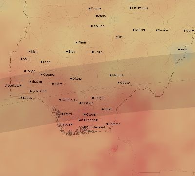 Map of the average cloud coverage across Nigeria for the solar eclipse of 03/10/2081