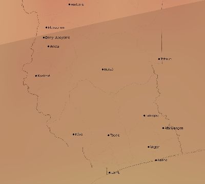 Map of the average cloud coverage across Togo for the solar eclipse of 03/10/2081
