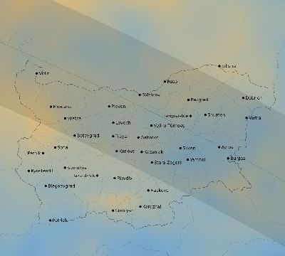 Map of the average cloud coverage across Bulgaria for the solar eclipse of 09/03/2081