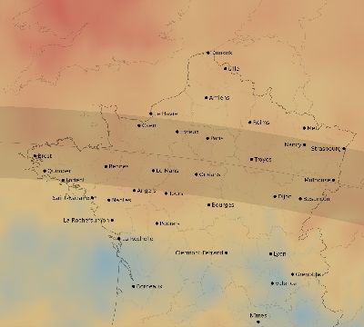 Map of the average cloud coverage across France for the solar eclipse of 09/03/2081
