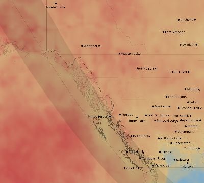 Map of the average cloud coverage across Canada for the solar eclipse of 07/03/2084