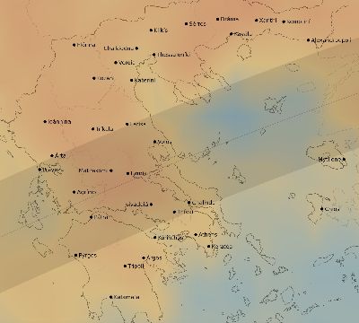 Map of the average cloud coverage across Greece for the solar eclipse of 04/21/2088