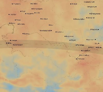 Map of the average cloud coverage across Kazakhstan for the solar eclipse of 04/21/2088