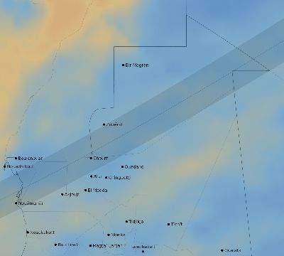 Map of the average cloud coverage across Mauritania for the solar eclipse of 04/21/2088