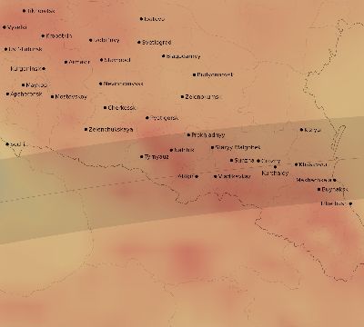 Map of the average cloud coverage across Russia for the solar eclipse of 04/21/2088